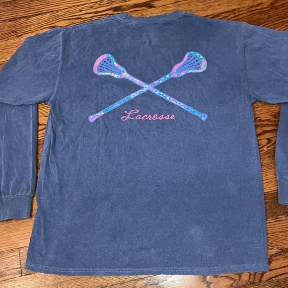 Slate Blue Cotton Long Sleeve With Flowery Lacrosse Design - Picture 3 of 3